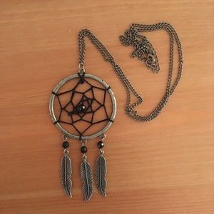 Dream catcher Necklace Long black gray silver
